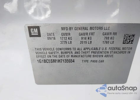 2017 Chevrolet Cruze Ls Auto z USA, uszkodzony, nr VIN 1G1BC5SM1H7135934